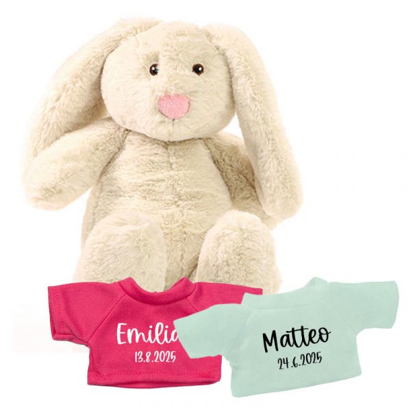 Plüschhase mit personalisiertem T-Shirt – Geschenk zur Geburt